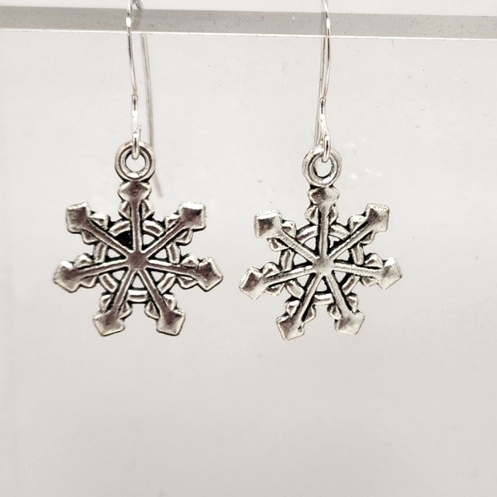 Snowflake Winter Drop Charm Earrings Sterling Silver Earwires Handmade by Me